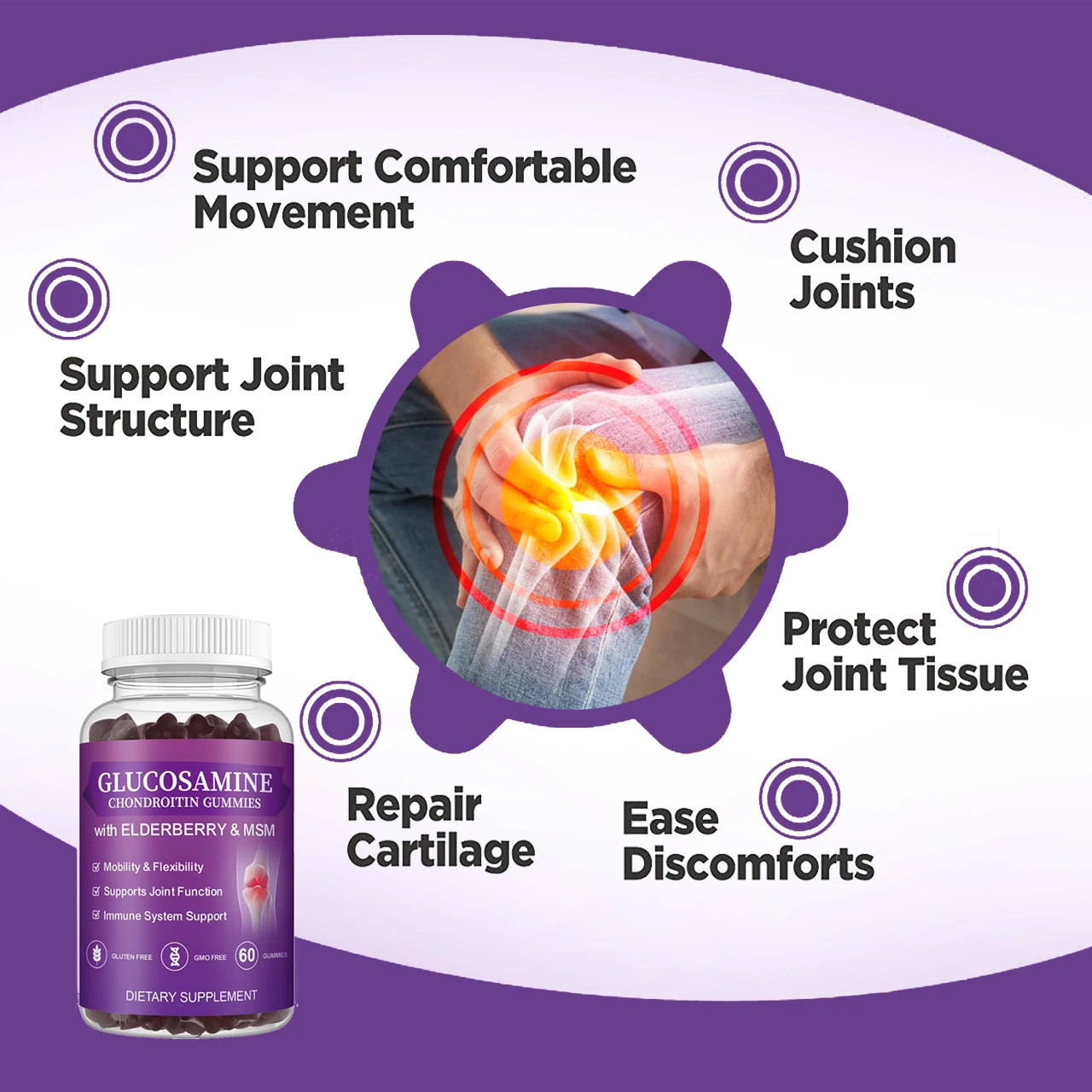 Private Label Natural Glucosamine Chondroitin MSM Gummies Extra Strength Joint Support Gummies with MSM Elderberry