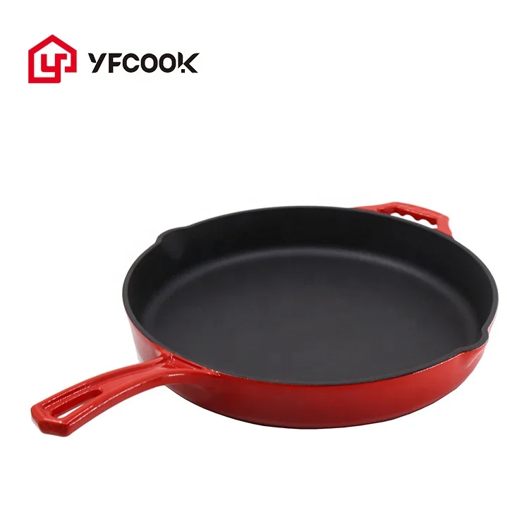 Hot Sell 30CM Cookware Red Enamel Bbq Steak Grill Fry Pans Cast Iron Skillet Non Stick Frying Pan