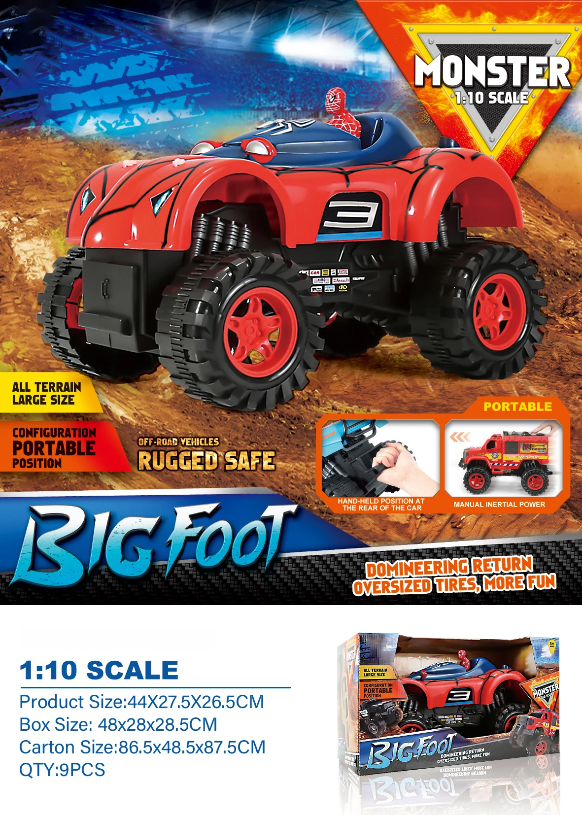3+age 1:10 scale portable big size monster off road truck with powerful over sized tired for CHILDREN