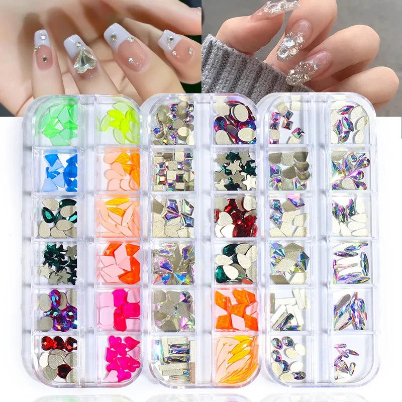 New product 12 grid boxed AB color special-shaped nail polish glass flat bottom rhinestone nail stickers DIY jewelry accessories