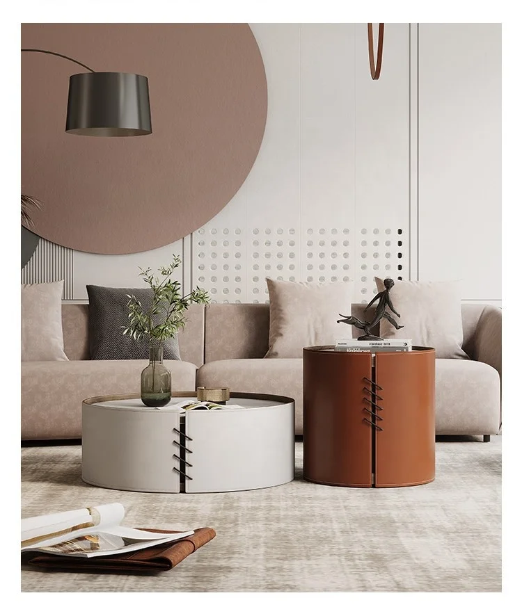 Mesa de centro leather surface granite flag stone top luxury tea table set modern furniture coffee table