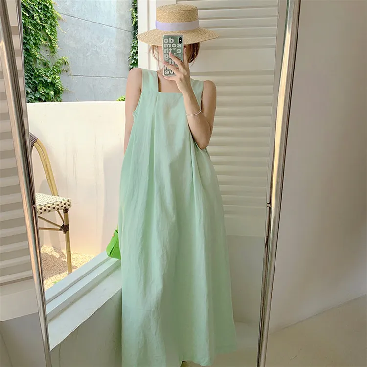 Holiday Korean Plain Sleeveless Long Dress Casual Girls Loose Midi Sundress Womens Summer Backless Spaghetti Strap Maxi Dresses
