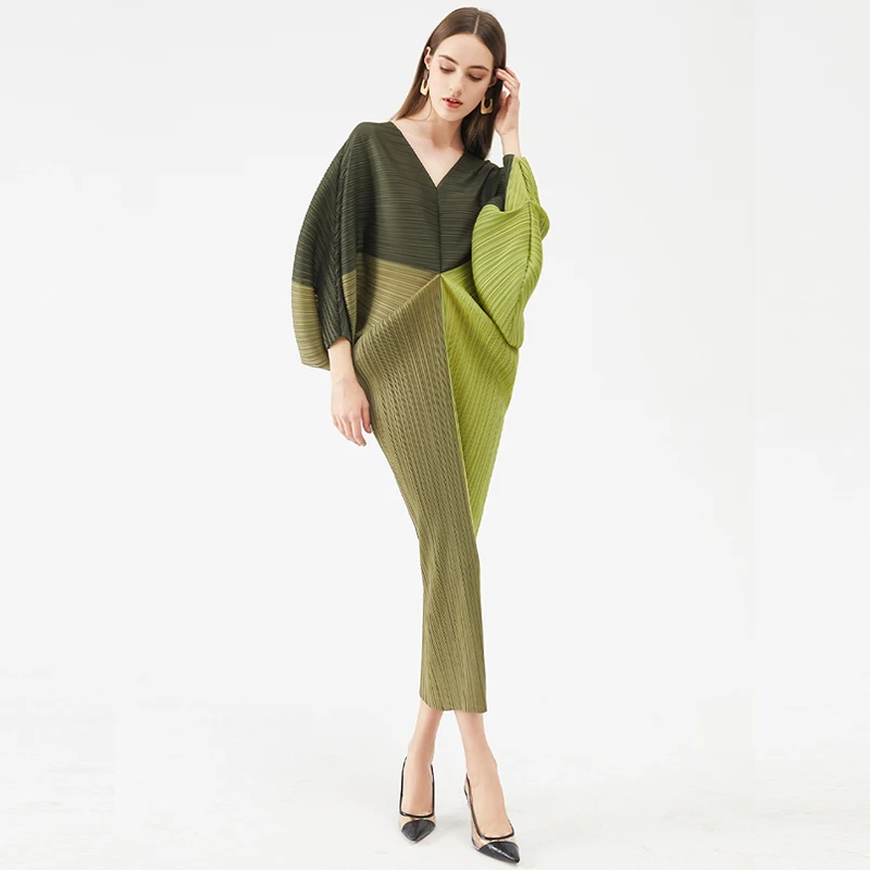 Женские плиссированные платья контрастных цветов с V-образным вырезом и длинными рукавами, 2021