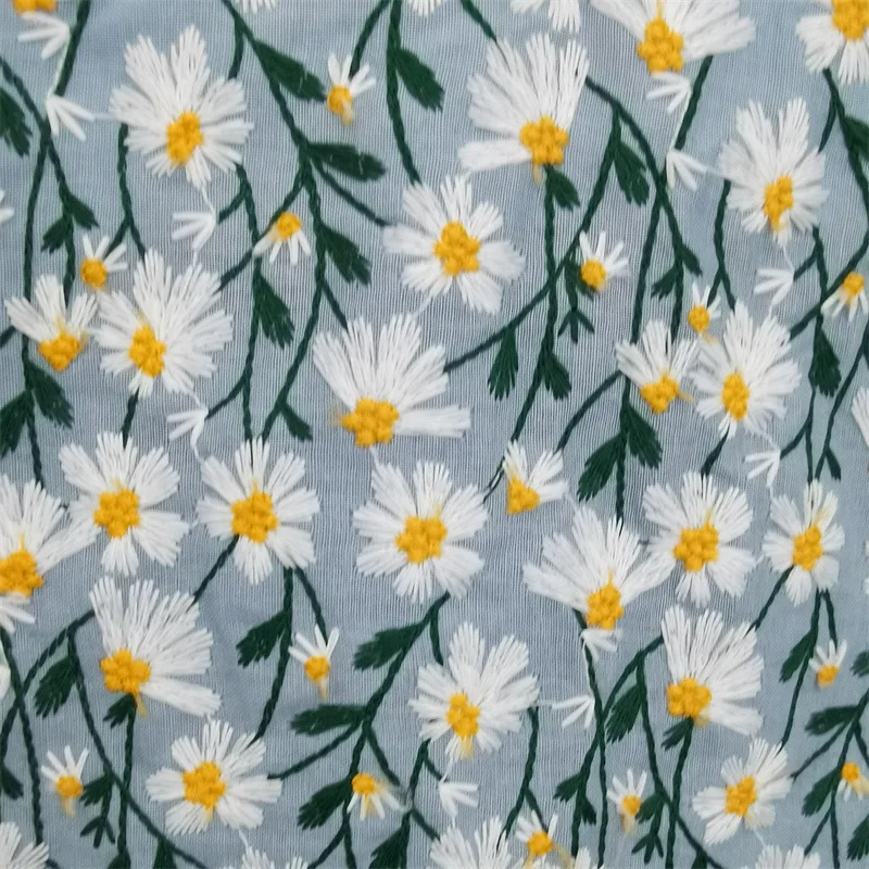 OEM Custom Design Colorful Floral Daisy Ramie Linen Cotton Woven Embroidery Fabrics for Clothing