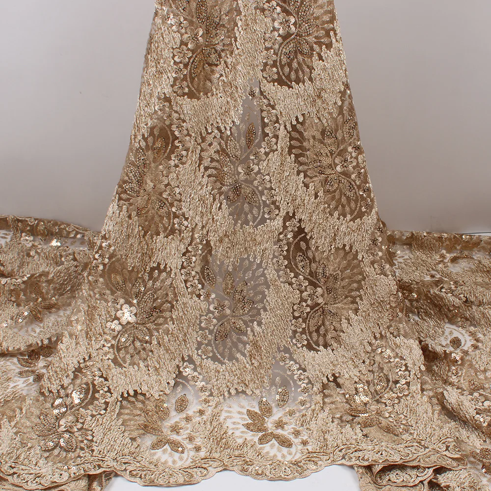 Wholesale 3d Flowers Embroidery Tulle Mesh Gold Sequin Lace Fabric For Dresses
