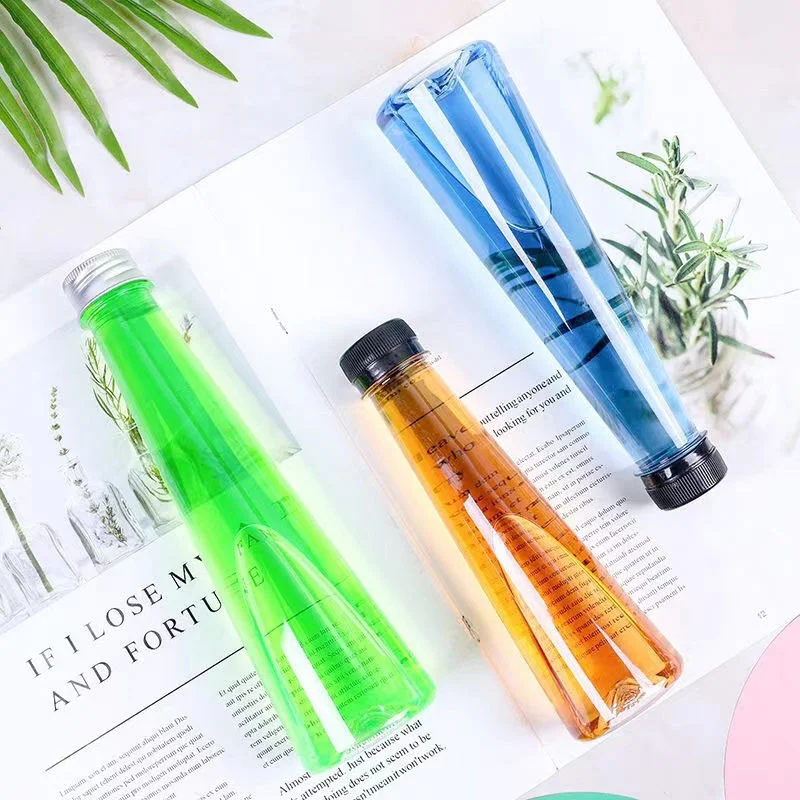New Design 140ml 200ml 250ml 300ml 350ml 450ml Cone Shape PET Plastic Juice Bottle For Milk Tea liquor wine Beverage Packing