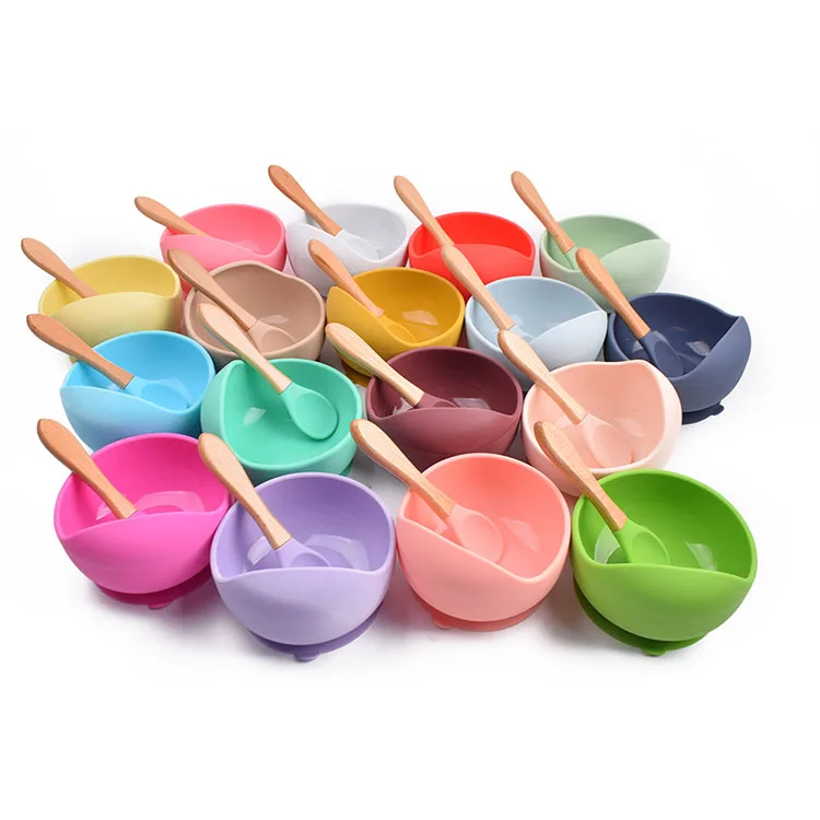 Hot Selling Bpa Free 100% Food Grade Dinner Plate Spoon Two Piece Set Baby Feeding Silicone Bowl With Suction Set