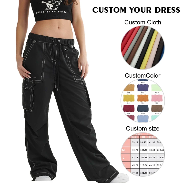 Custom OEM Manufacturer Vintage Pockets High Waist Streetwear baggy Casual ladies Long parachute Cargo Pant for women Trousers