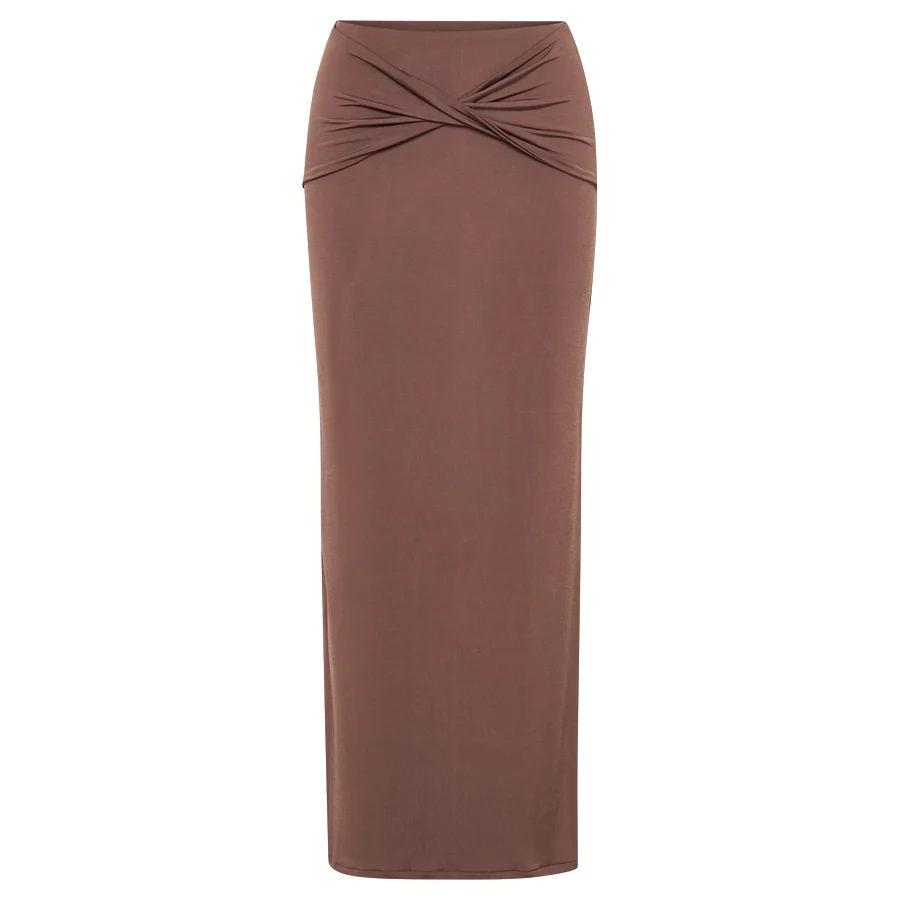 OEM Customize Casual Middle Waisted Long Skirts Women Stylish Plain Design Twisted Front Maxi Skirts
