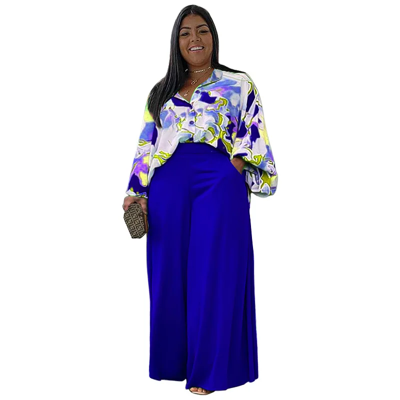 Hot selling women plus size New printed casual set loose lapel shirt high waist wide leg pants two pieces set
