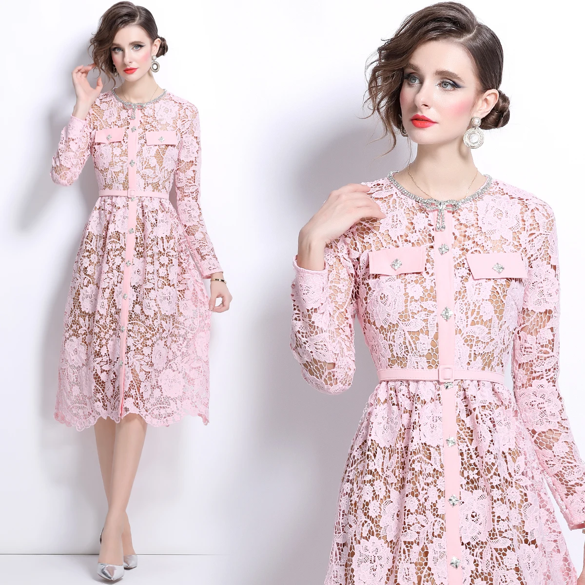 Autumn New Water soluble Lace Heavy duty Nail Bead Charm Gentle Round Neck Belt Dress for Women