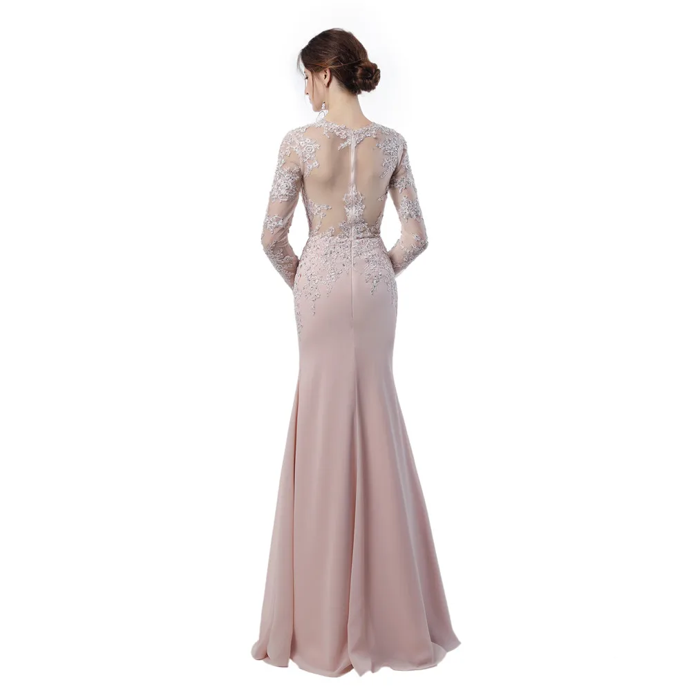 Blush Pink Bridesmaid Sheer Illusion See Through Long Sleeves Mermaid Long Chiffon Wedding Party Event Peach Brides Maid Dress