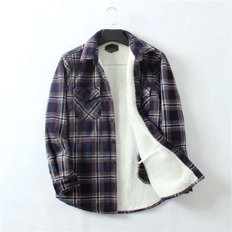 Custom logo winter quality Plus size velvet thick warm two-color check shirt retro casual fleece plaid flannel shirt men