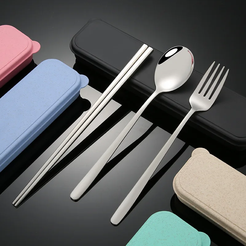 
Portable Reusable Stainless Steel silver Chopsticks Spoon Fork cutlery gift set with wheat box 