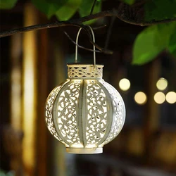 Hanging Portable Retro European Style Hollow Carved White LED Lantern Light Outdoor Waterproof Solar Power Table Decorative Lamp