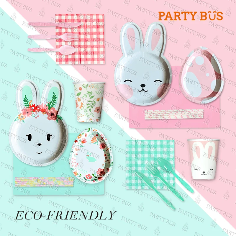 PARTYBUS Hotsale Eco-friendly Supplies Custom Bunny & Egg Tableware Dinnerware Set For Easter Party