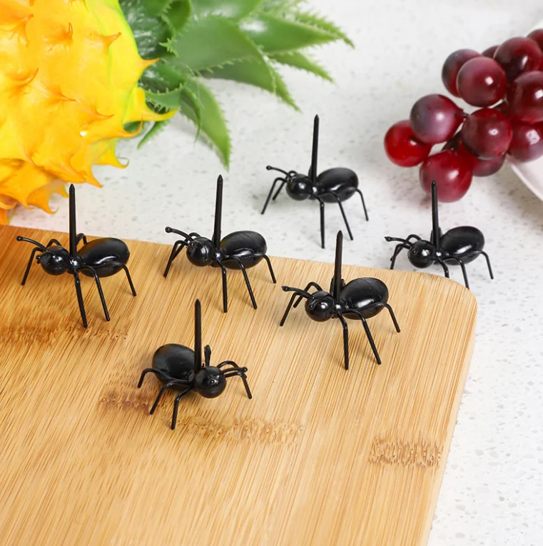 6 Pcs ABS Ant Moving Creative Shape Fruit fork Party Dessert Bread Stick For Bento Box Decoration Stick