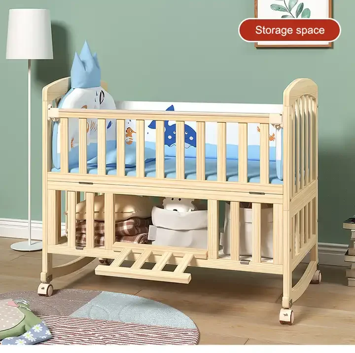 2024 Hot Sale Multifunctional Wooden Baby Cradle Bed Nursery Bedroom Furniture Convertible Newborn Babies Rattan Crib
