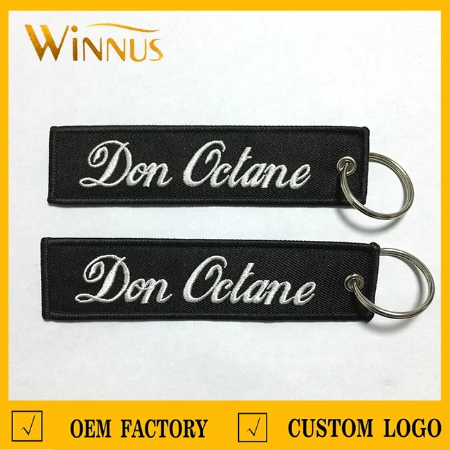 cheap promotion gift jeans bag embroidery logo key holder ring chain fabric tag custom embroidered keychain tag for clothing bag