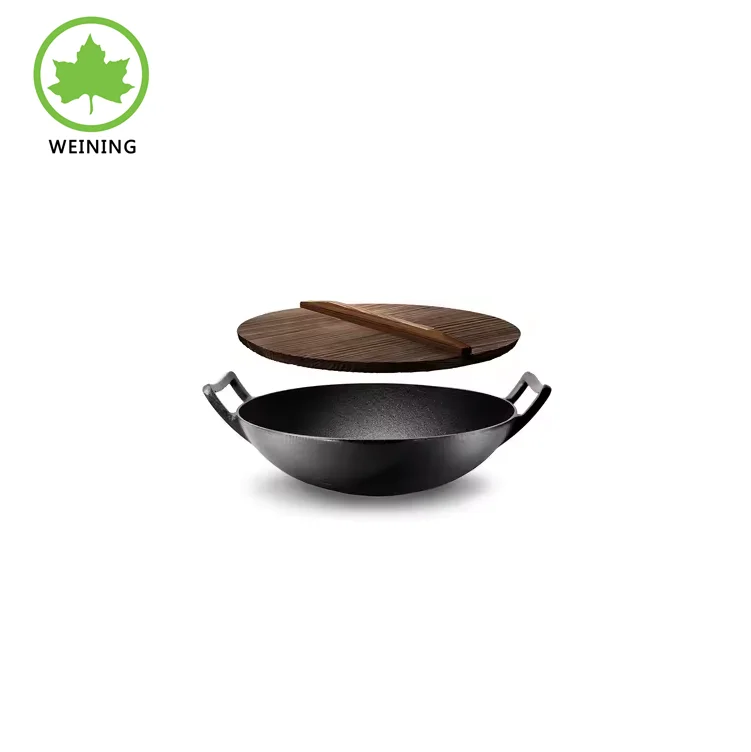 Best Price Black Non Stick Big Woks Cast Iron Pre Seasoned Wok With Double Ears Cast Iron Cookware Wok