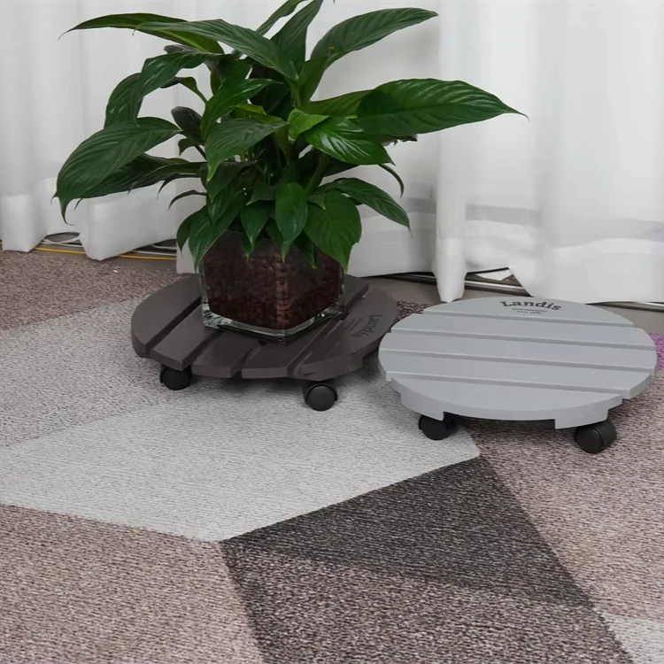 Wooden Plant Stand and Rolling Tray DIY round Flower Pot Holder with Home Decor Art Style Movable Flower Stand for Indoor Use