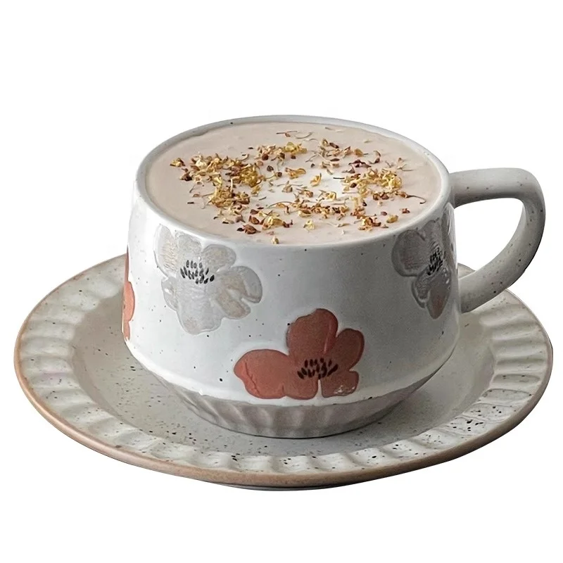 Vintage Painted Ceramic Mug Garden Style Flower Leaf Embossed Afternoon Tea Milk Cups Pottery Latte Cup For Cafe