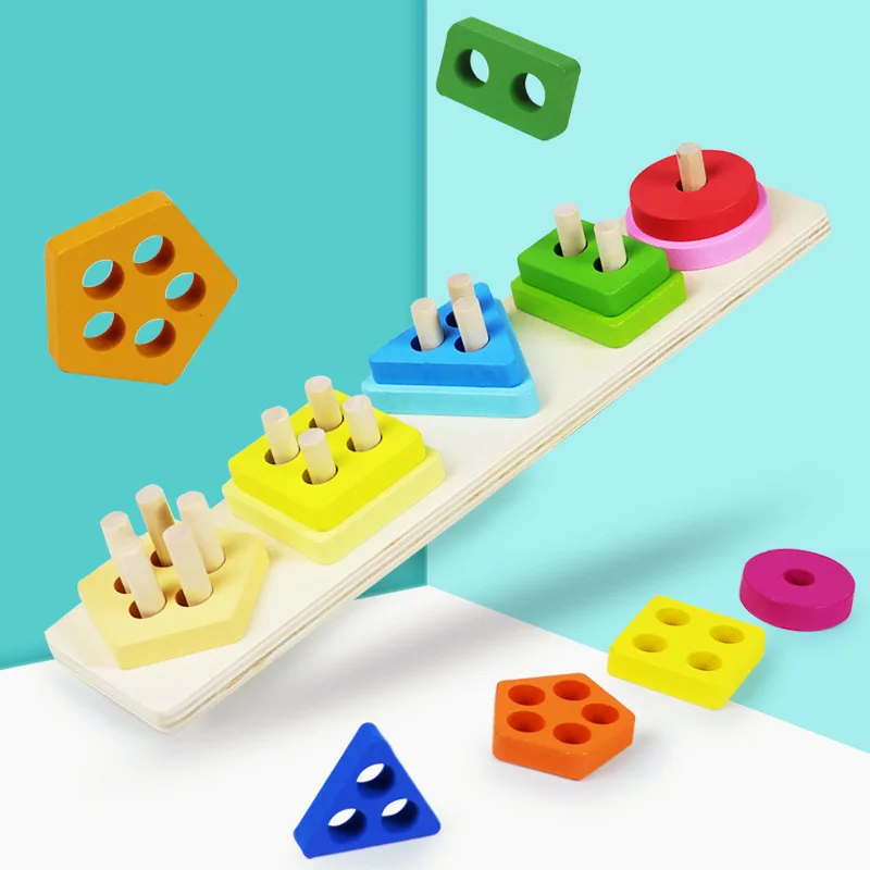 Wholesale Little kids Montessori educational toy gradient color 3d geometric shape stacking block wooden sorter toys
