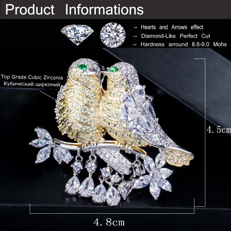 Elegant Jewellery Cubic Zircon Gold and Silver Color Lucky Cute Bird Shape Wire Brooches Pin for Women Jewelry Accessory