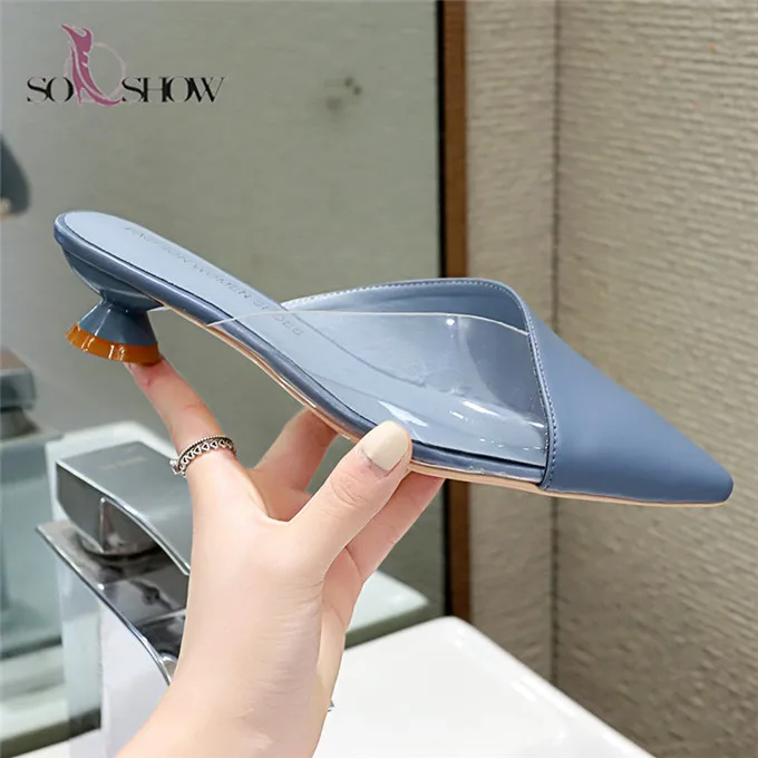 Custom logo slide slippers mid heel girls leather pointed toe sandals for women and ladies