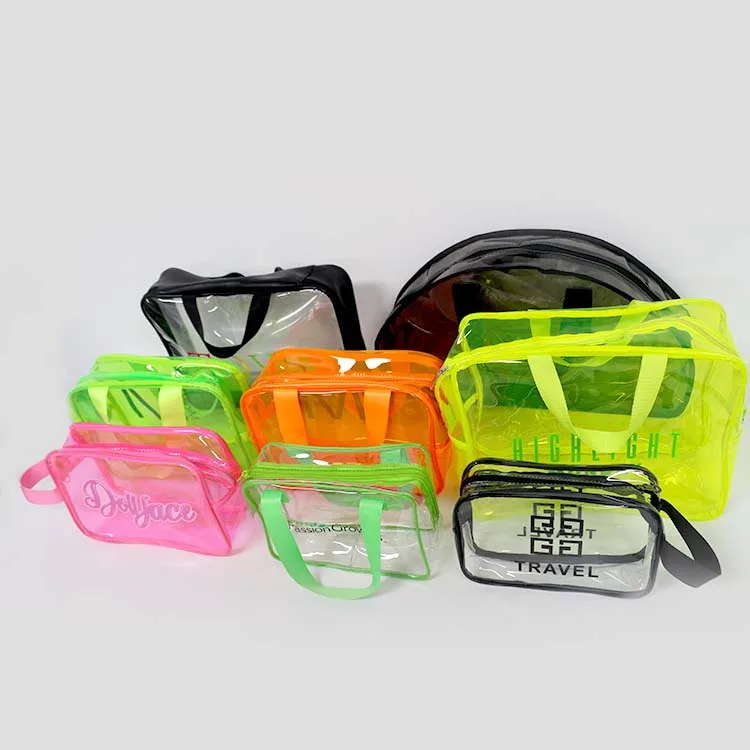Waterproof Custom Travel Clear Women Toiletry Makeup Storage Bag Large Capacity 3 Set Green Neon Transparent PVC Cosmetic Bag