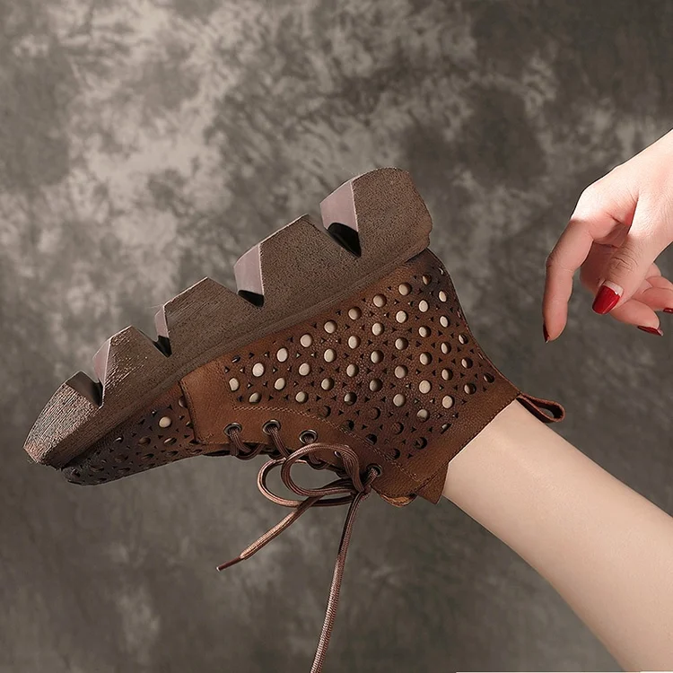 Handmade casual leather retro lace up women shoes 2020 spring and summer new thick bottom slope with ethnic wind hollow sandals