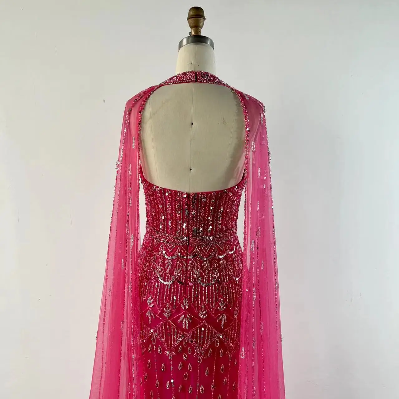 NEW Pink Cape Sleeves Mermaid  Beaded Elegant Evening Dresses Luxury Gowns For Women Arabic Party