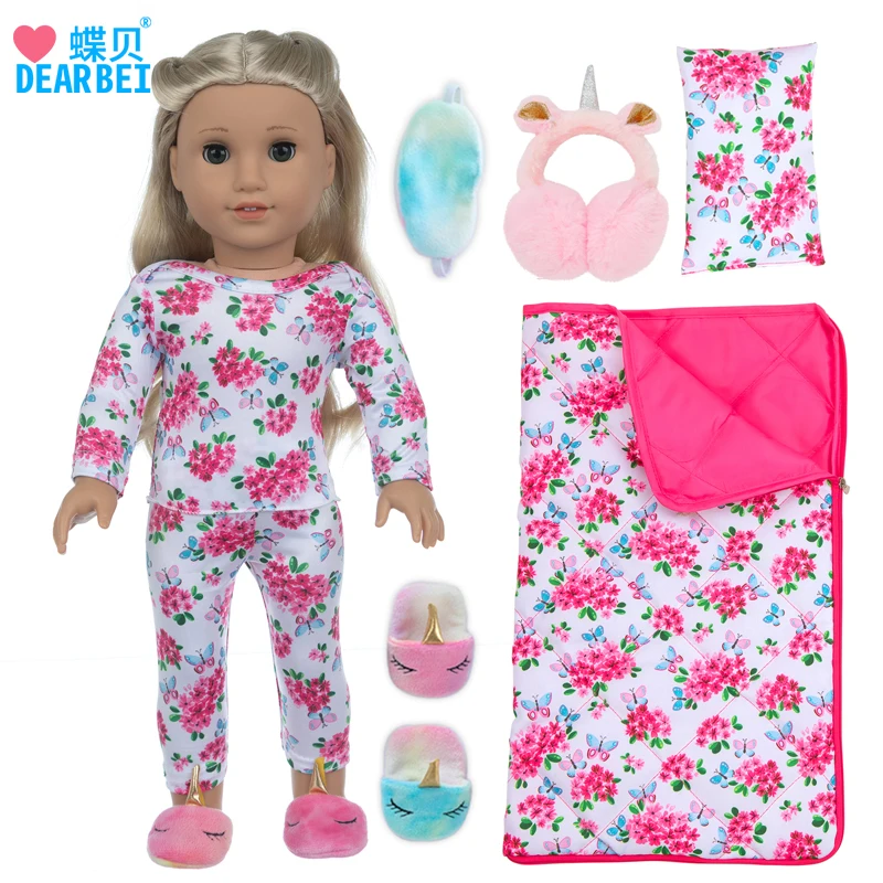 182022 18 Inch American doll Pajamas Sleeping Bag Children Toy Doll Eye Mask Pink Ear Muff Doll Slipper Toy Accessories