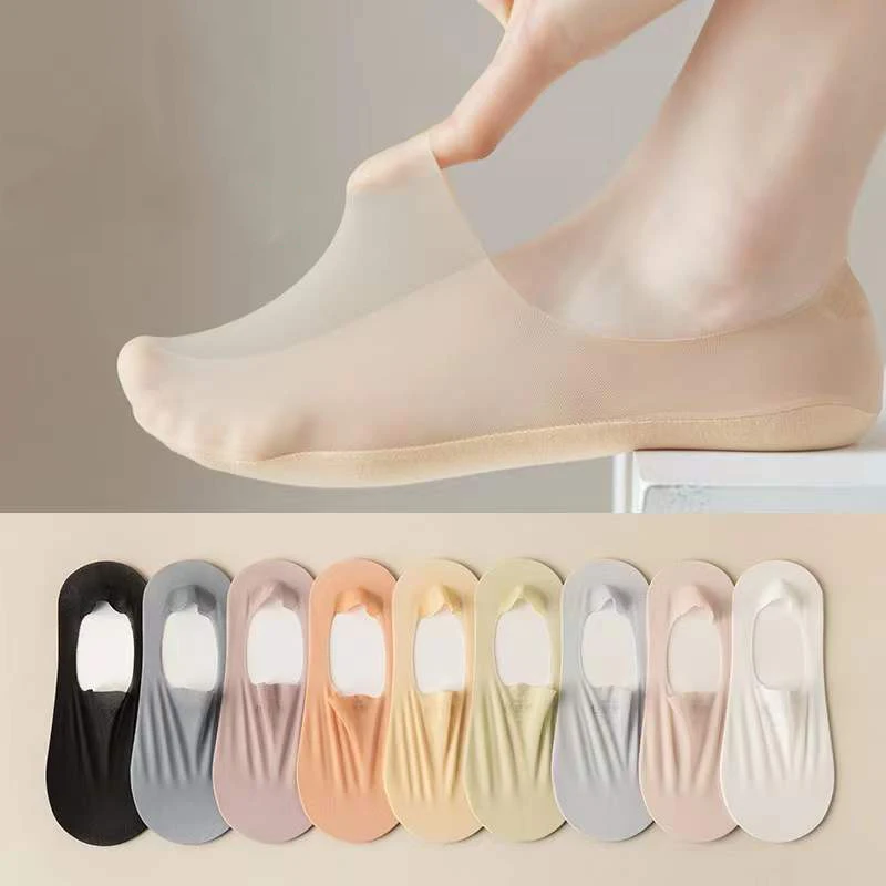 Ice Silk Shallow Mouth Boat Socks For Women Summer Solid Color Cotton Sole Invisible Thin socks silicone non-slip heel socks