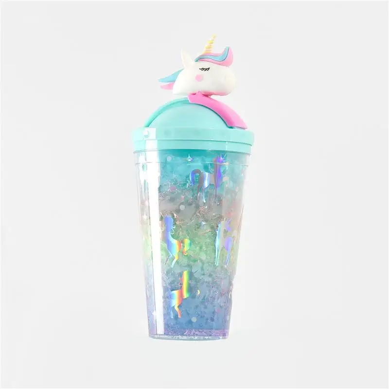Lovely Unicorn Plastic Double Wall Water Bottle For Ladies And Children Water Leaking Proof Colorful Bottle With Straw