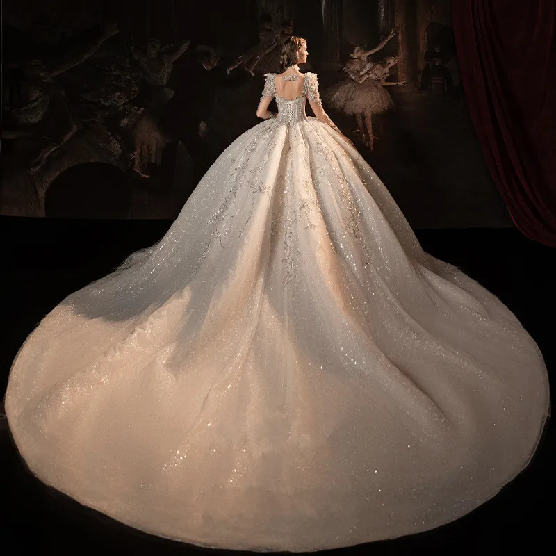 ZX-3025 Wedding dress bride 2024 new runaway princess heavy luxury main yarn long tail style long sleeves