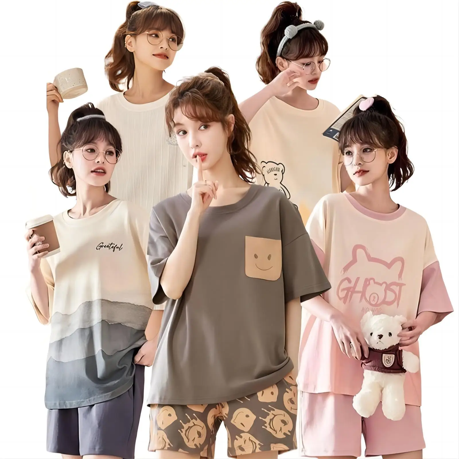 AIMINYZ Wholesale Summer New Design Women Nightgown Pajamas Knitted Cotton Leisure Loose Soft Short Sleeve Home Clothing Set