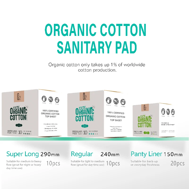 O2 Organic Cotton Menstrual Period Feminine Hygiene Sanitary Pads Napkin