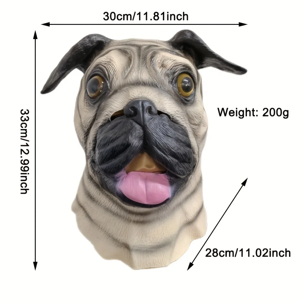 Black Eyes Latex Animal Dog Mask, Pug Dog Bulldog Full Head Mask Halloween Costume Cosplay Party Prop