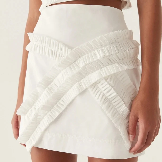 OEM new design women summer cotton skirt asymmetrical raw-cut ruffle frill  mini skirt STK2439A