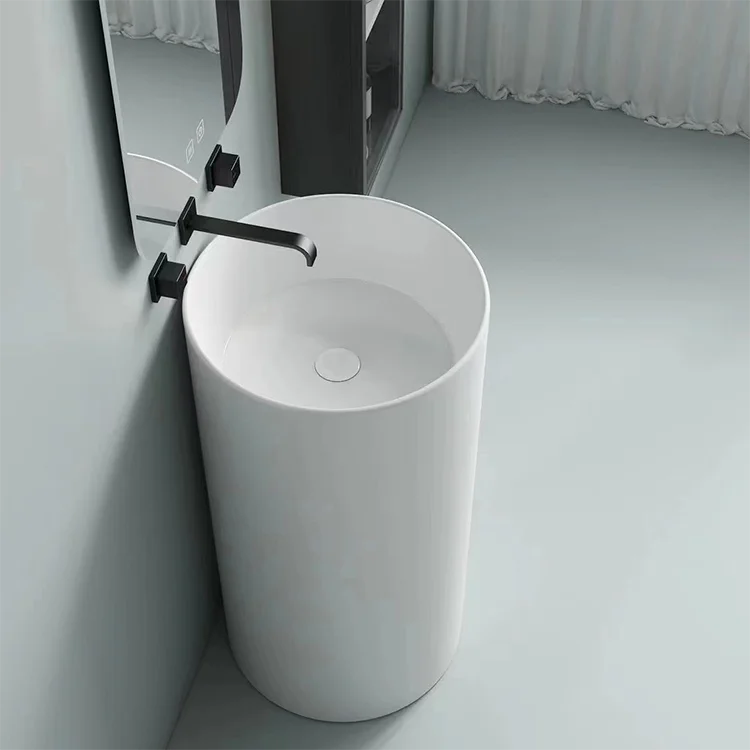 Modern Design Pedestal Basin Hotel Bathroom Freestanding Sink One Piece Ceramic Hand Wash Basin