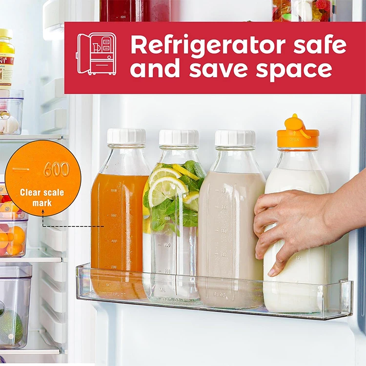 Reusable 8oz 12oz 16oz 32oz 2L Square Glass Milk Bottles With Pour Spout And Airtight Screw Glass Beverage Bottles