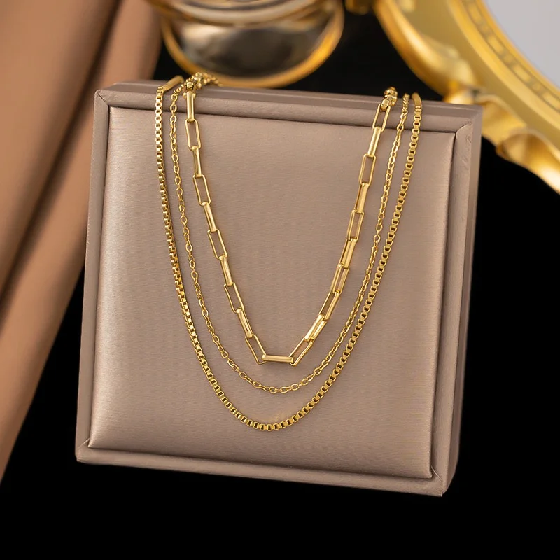 Fashion classic vintage stainless steel multilayer necklace Gold plated paper clip chain necklace for women