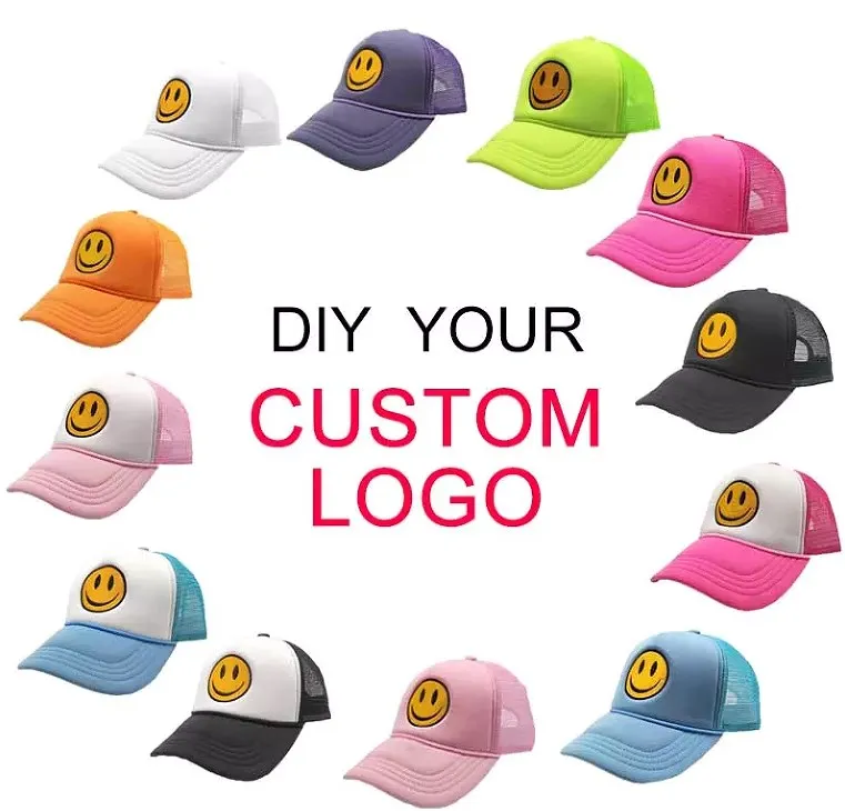 5 panel Trucker Cap smiley Face Trucker hat  custom logo embroidery hat