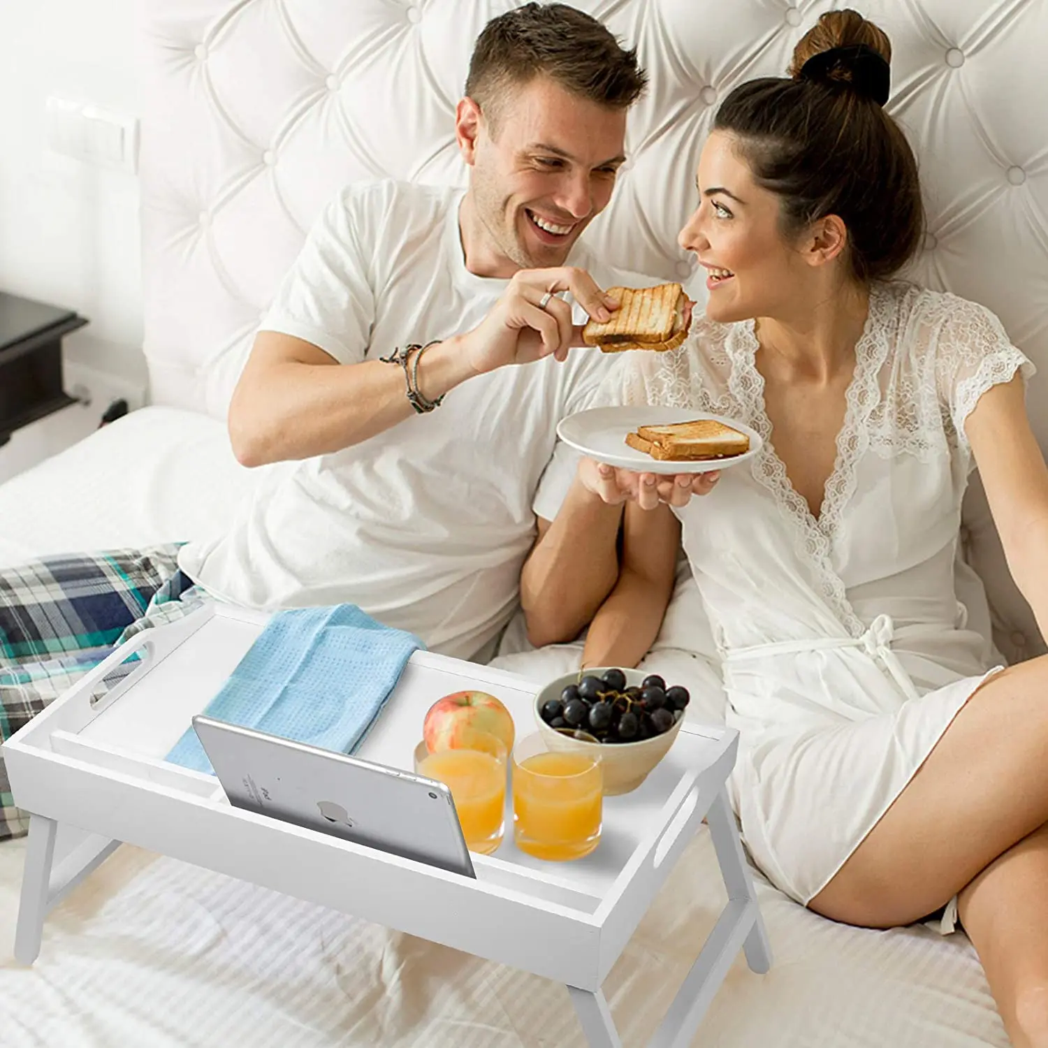 Bed Tray Folding Legs with Handles Breakfast Food Tray for Sofa Eating,Drawing,Platters  Serving Lap Desk Snack Tray White