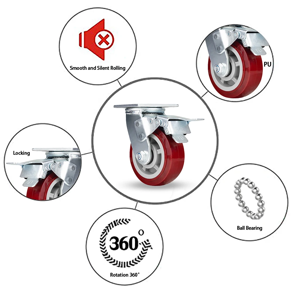 red 4 inch PU rubber 250 kg load capacity high quality swivel removable caster low noise casters and wheel