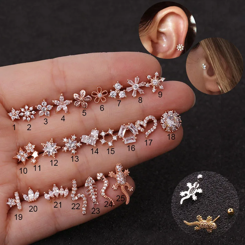 Rose Gold Stainless Steel Screw Barbell With Cz Flower Moon Wing Helix Cartilage Earring Tragus Conch Rook Ear Piercing Jewelry