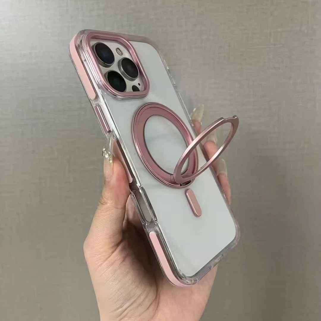 Metal Button Mobile Phone Cover Magnetic Phone Case For iPhone 11 12 13 14 15 16 Pro Max TPU PC Metal Ring Rotating Bracket Bag