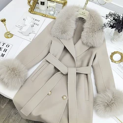 Celebrity winter clothes double breasted overcoat fox fur trimmed women jacket long length winter wool coats