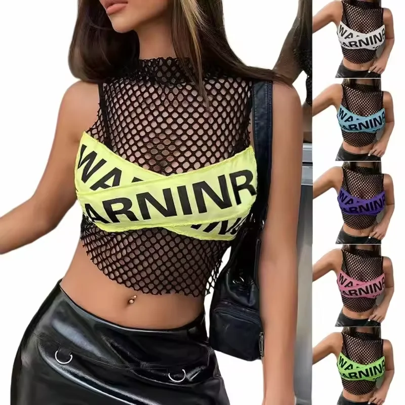 Hot sales summer women mesh vest Through Hollow Patchwork Letter Sleeveless sexy Mesh Fishnet Crop Tank Top